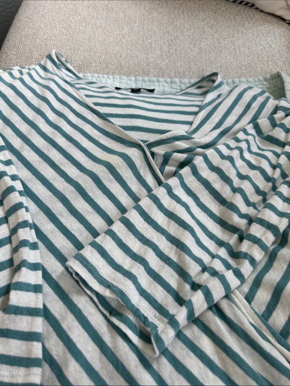 Striped Teal and White 3/4  Sleeve Top wrap top Light weight